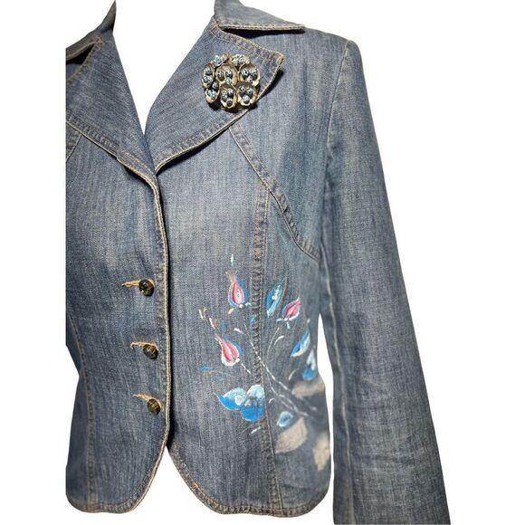 Rare Made in Italy Denim Jacket with Art Painted Floral Design Embellished Size - Picture 5 of 7